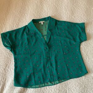 Abound Teal Shortsleeved Button Down Blouse with Pink Watermelons, women’s XS